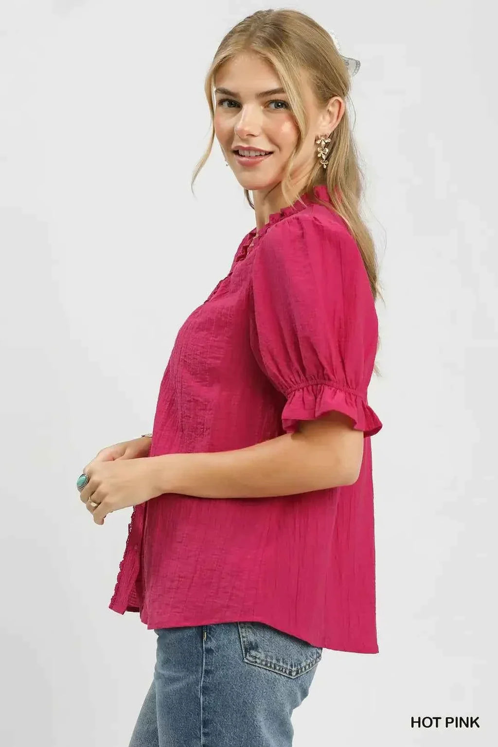 Hot Pink Textured Button-Front Puff Sleeve Top by Umgee