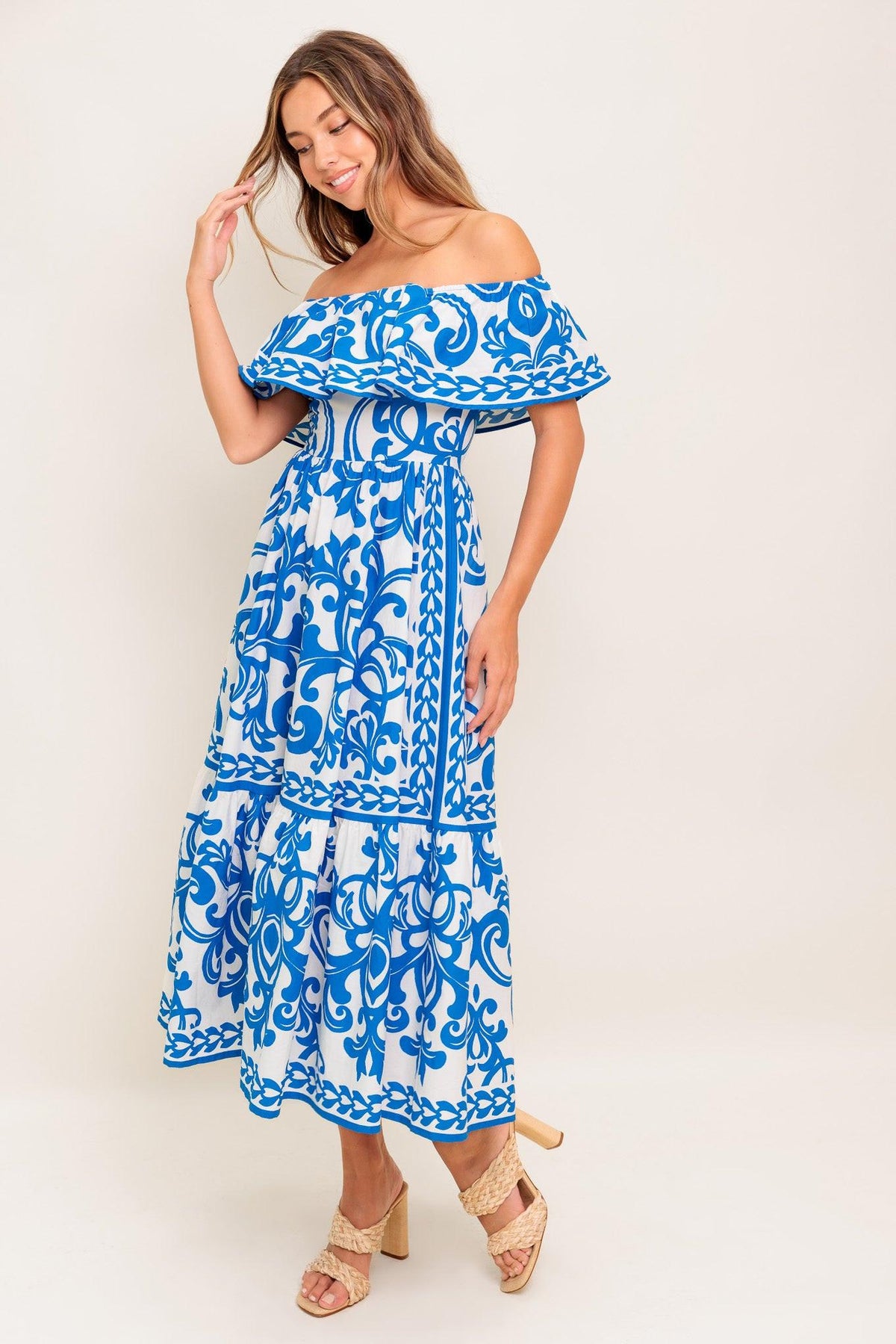 BLOOM SERENADE BLUE WOVEN MIDI DRESS