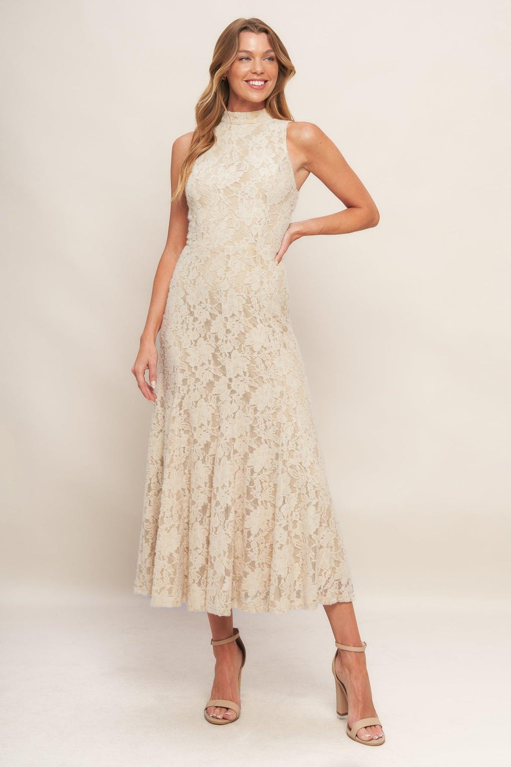 ELEGANT FLORAL STRETCH LACE MIDI DRESS