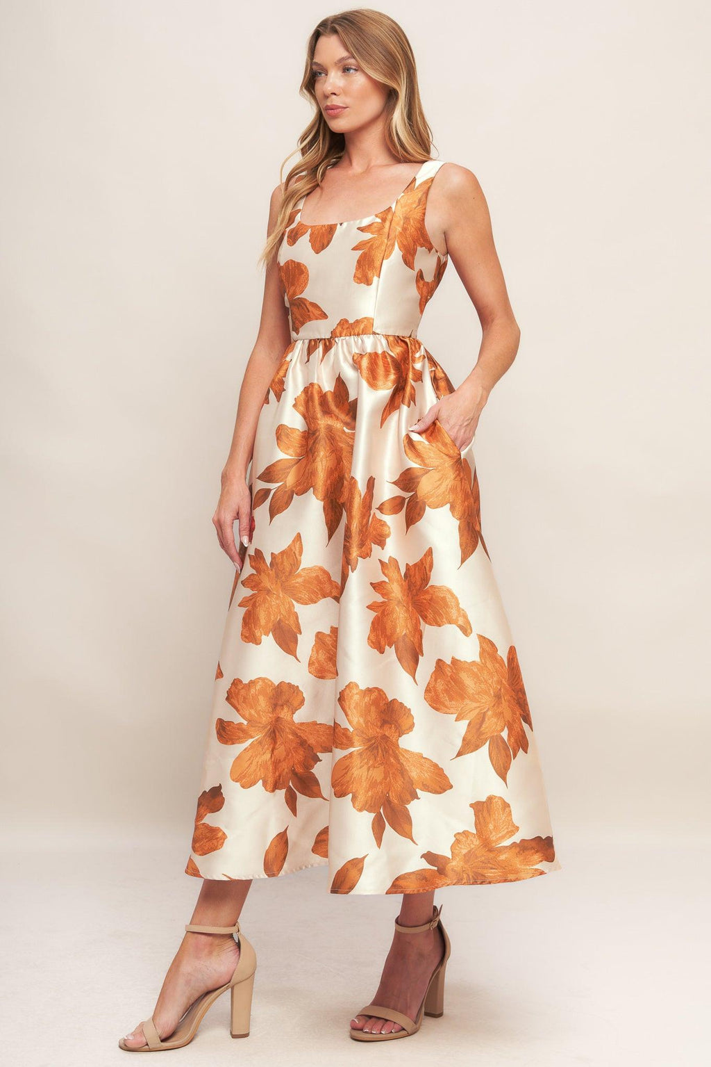 AUTUMNAL FLORAL WOVEN MIDI DRESS