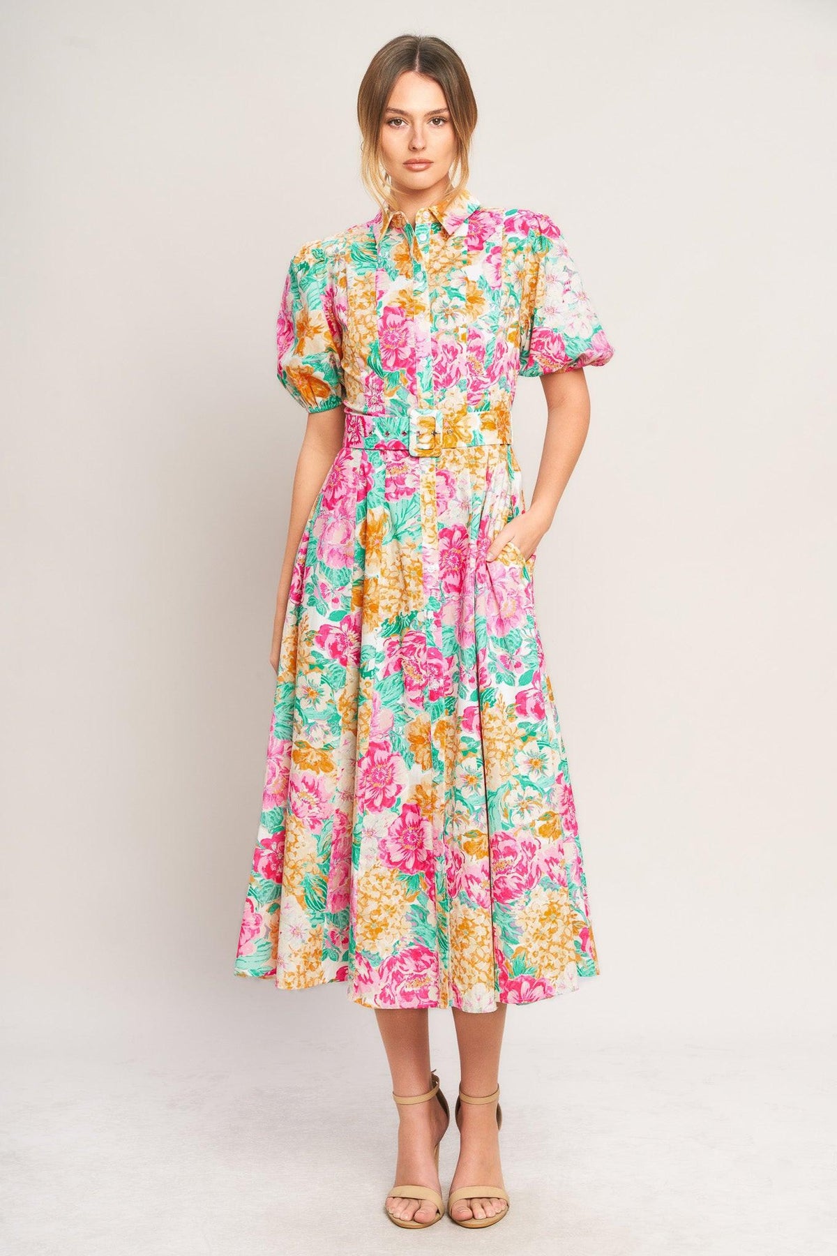 BLOOMING GARDEN WOVEN MIDI DRESS