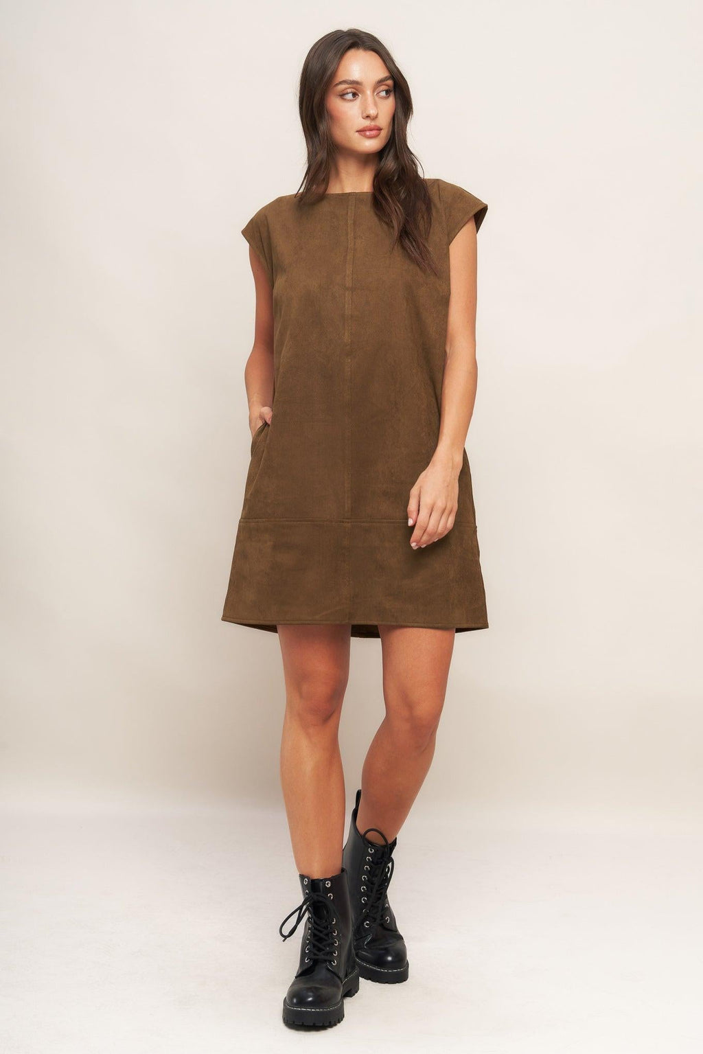 QUIET LUXURY EDGE FAUX SUEDE MIDI SHIFT DRESS