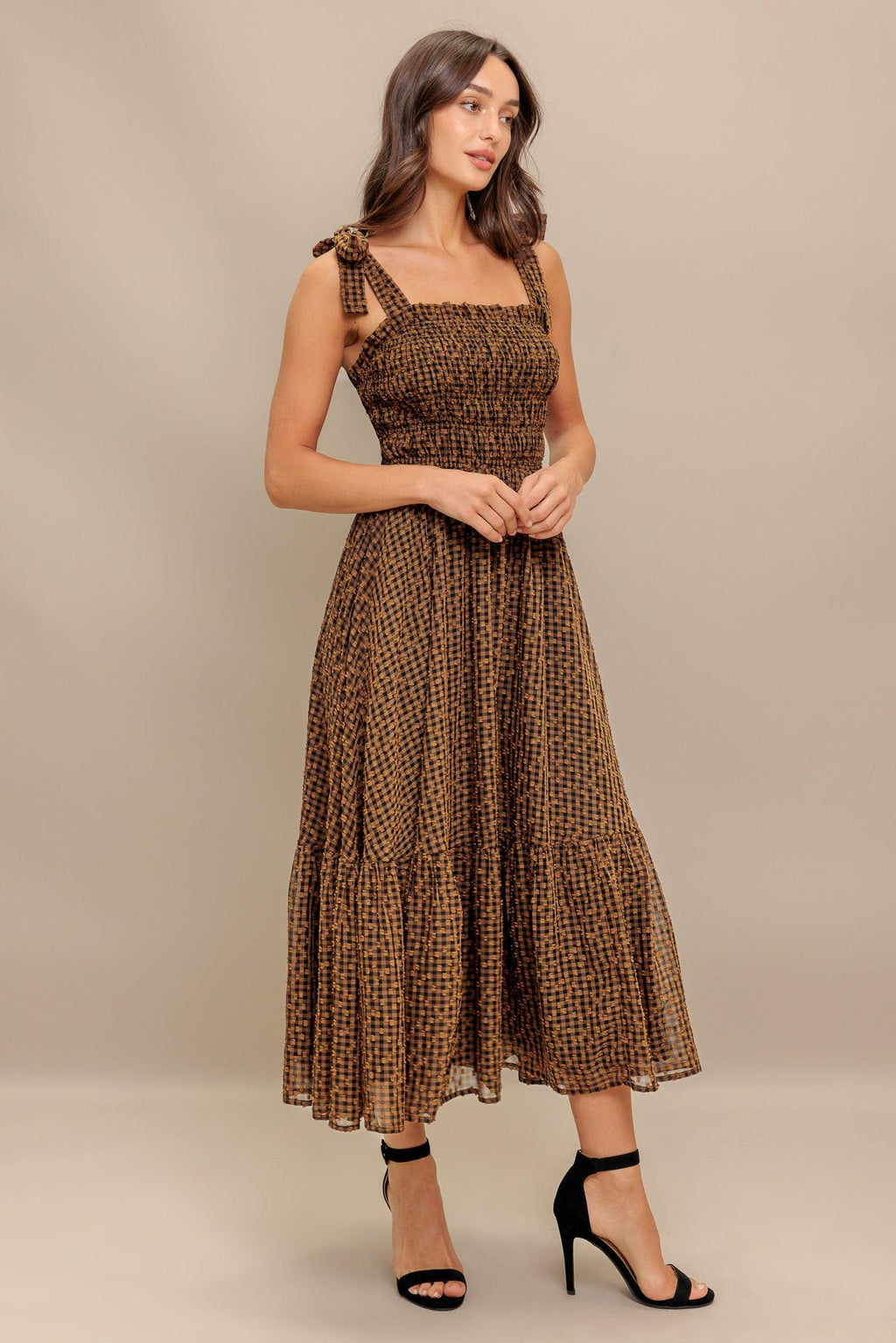CHECKED DAYDREAM WOVEN MIDI DRESS