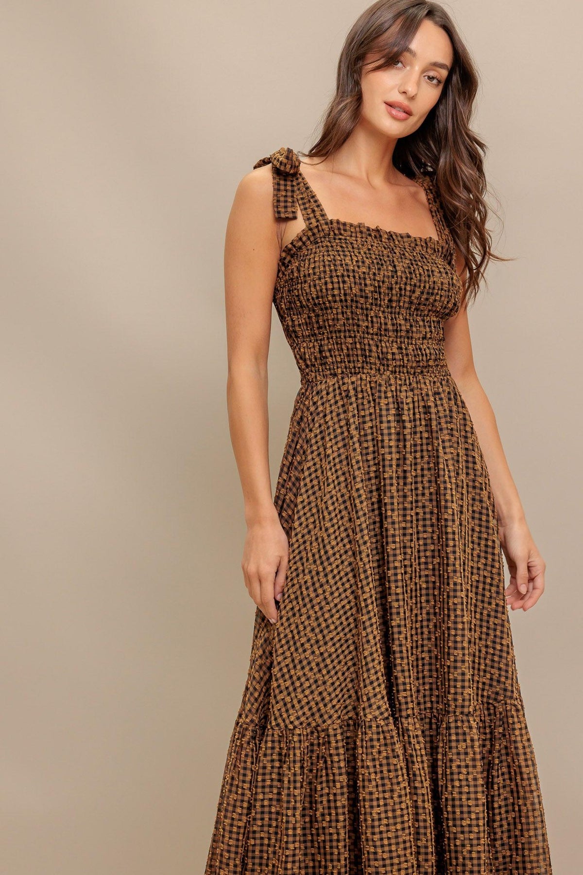 CHECKED DAYDREAM WOVEN MIDI DRESS