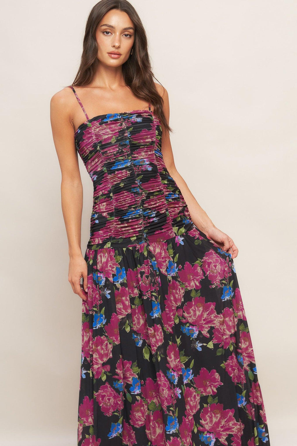NIGHT FLORIST POWER MESH MAXI DRESS