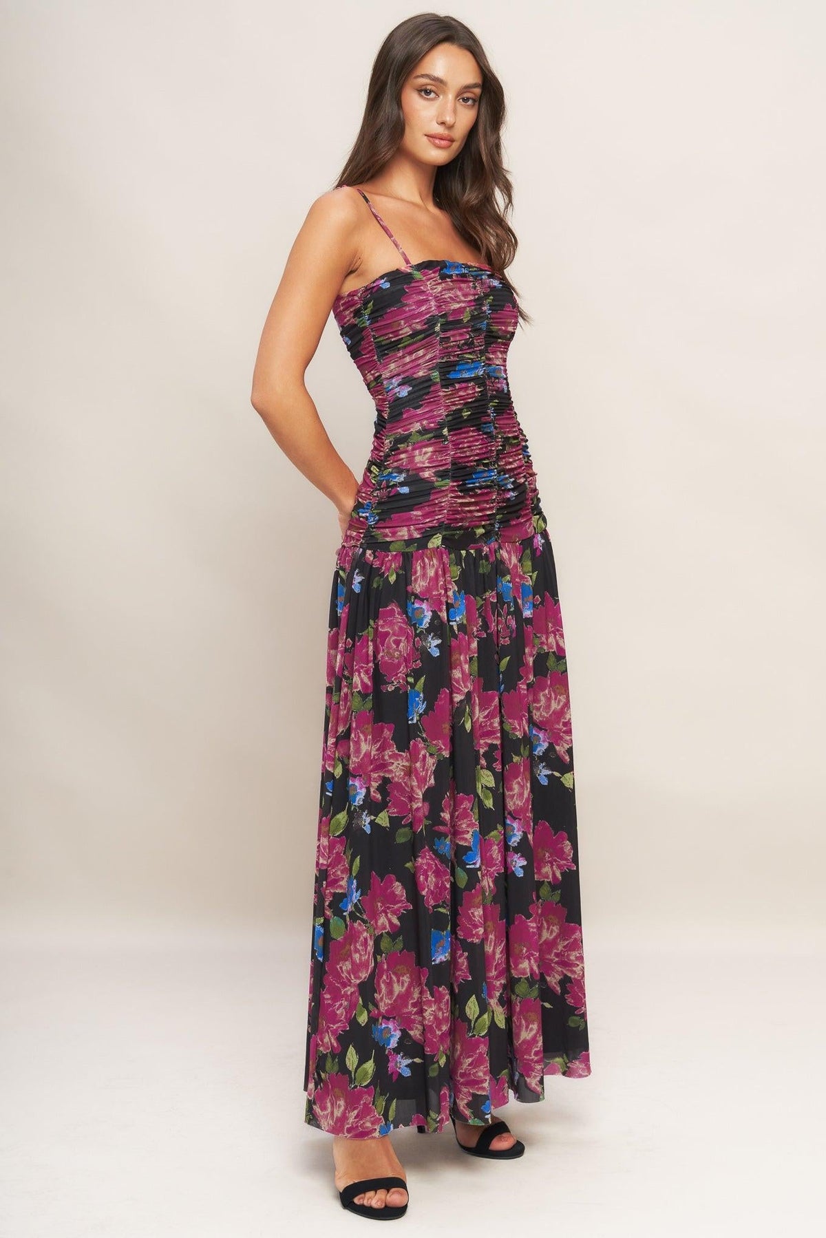 NIGHT FLORIST POWER MESH MAXI DRESS