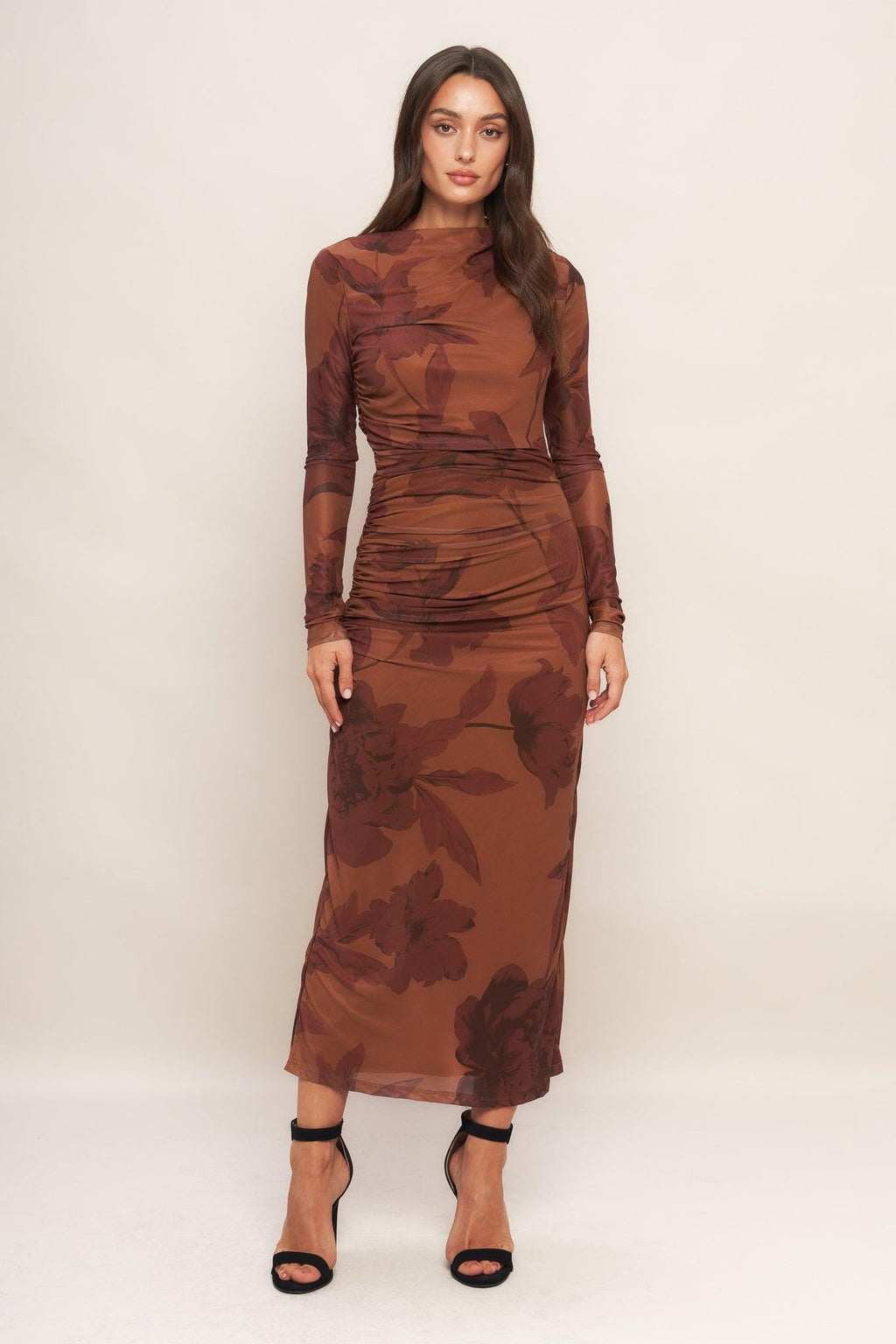 AMBER FLORA POWER MESH MIDI DRESS