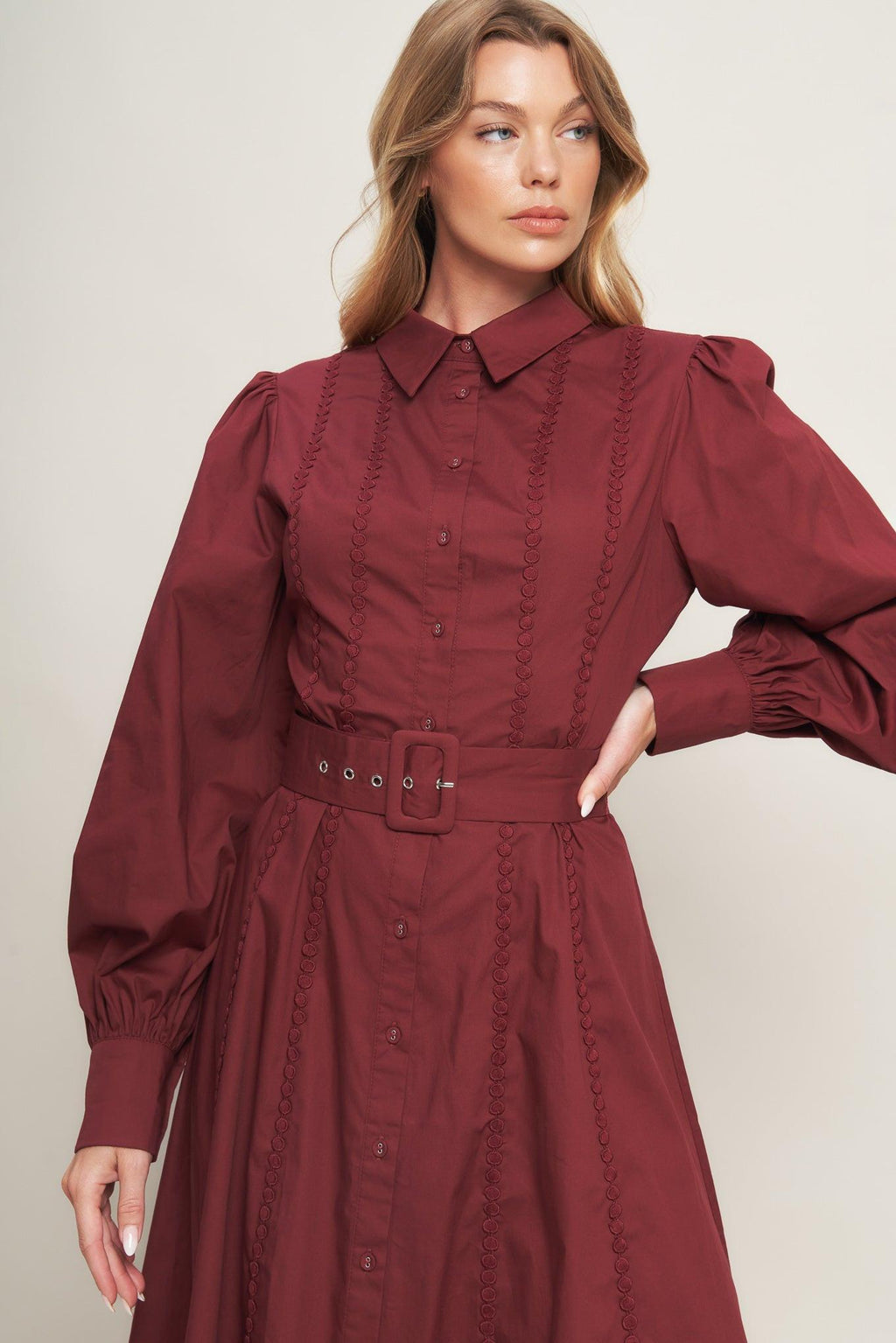 MODERN FEMME BURGUNDY WOVEN MIDI DRESS