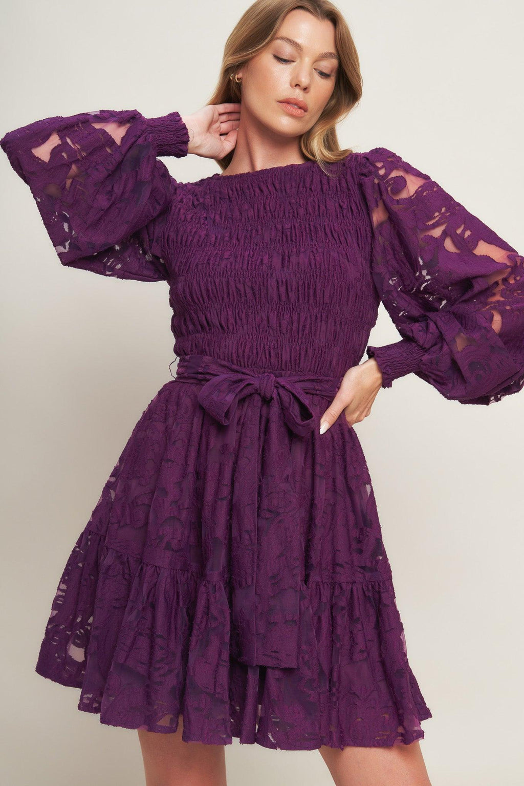 PASSION PLUM WOVEN LACE MINI DRESS