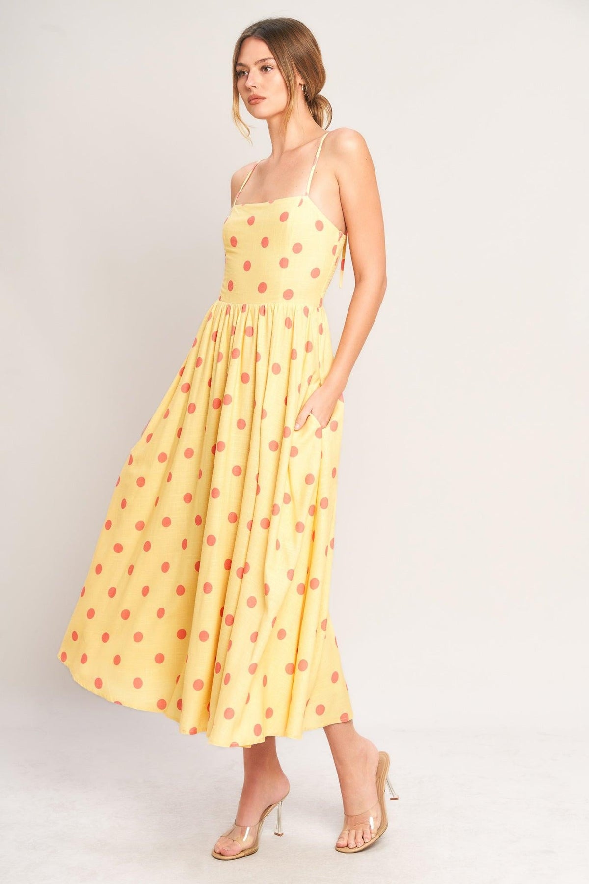 GOLDEN SUMMER POLKA WOVEN MIDI DRESS