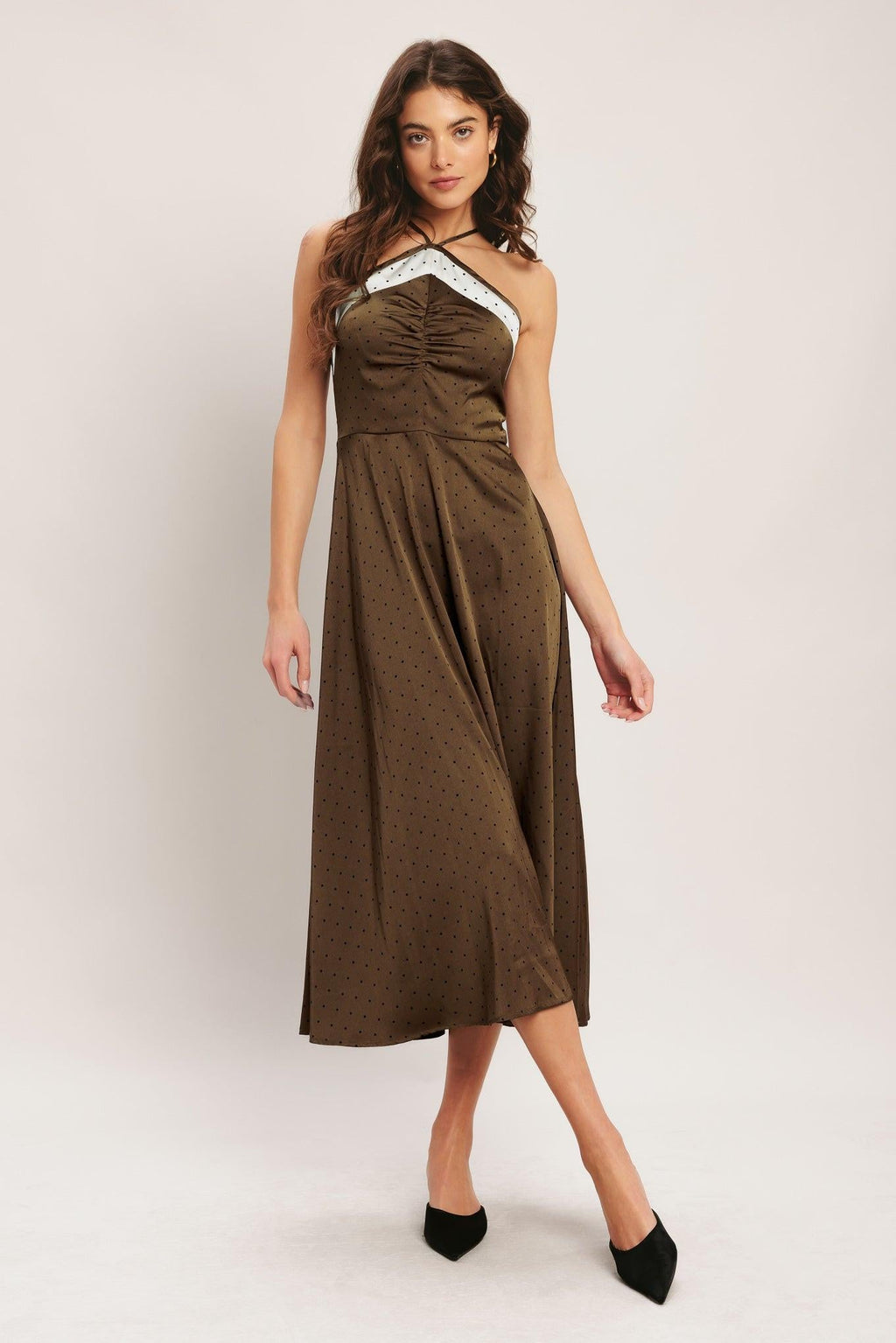 ESPRESSO CHIC WOVEN SATIN MIDI DRESS