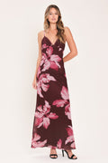 MIDNIGHT MERLOT LACE TRIM MESH MAXI DRESS
