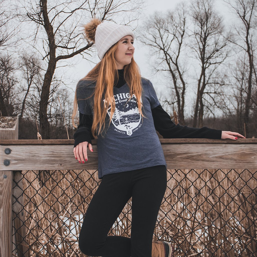 Ladies Relaxed V-Neck Michigan Shield - Heather Navy