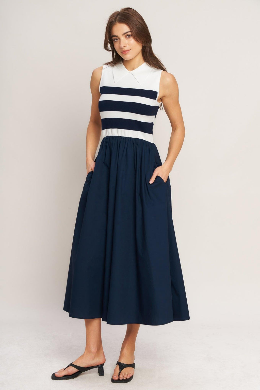 STRIPE ELEGANCE SWEATER WOVEN MIDI DRESS