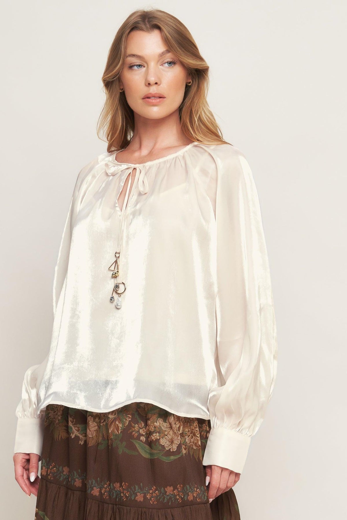 ETERNAL PEARL CHARM WOVEN PEASANT TOP
