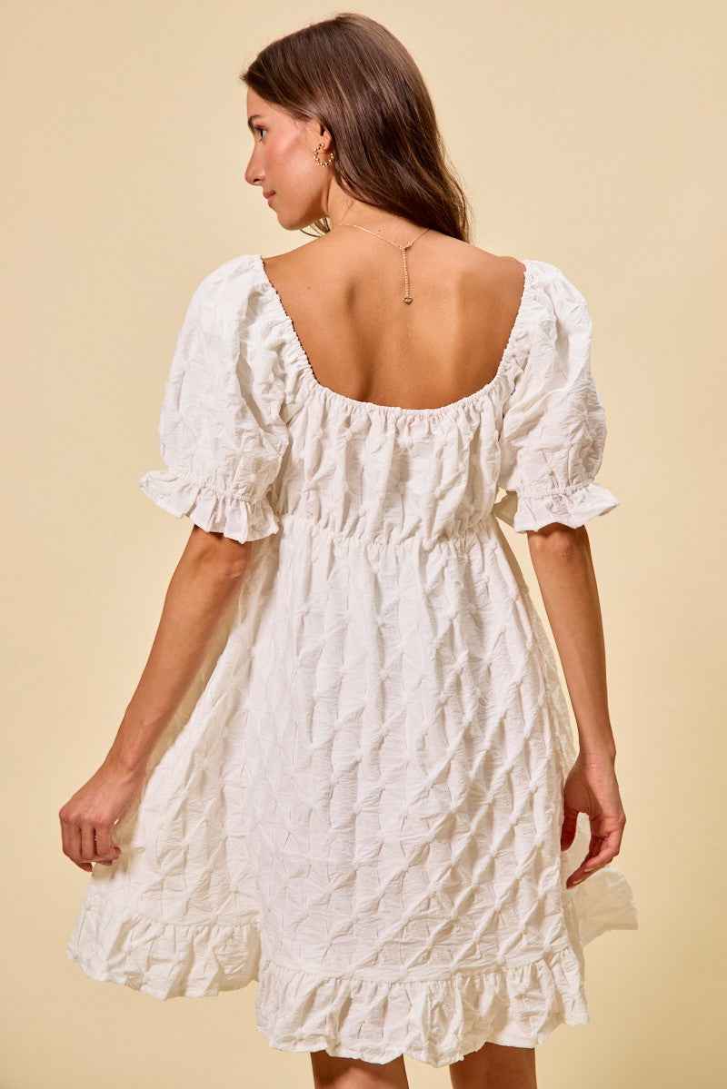 Ivory Texture Woven Ruching On Bust Mini Dress by So Me