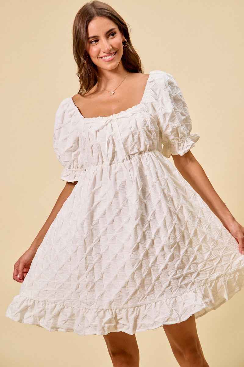 Ivory Texture Woven Ruching On Bust Mini Dress by So Me