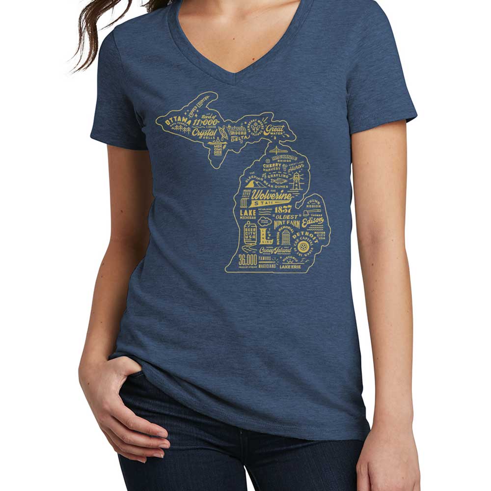 Ladies Relaxed V-Neck Michigan Places - Deep Navy