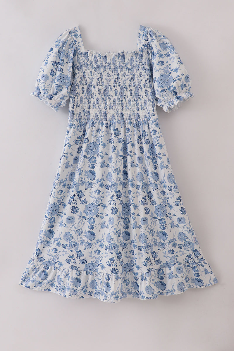 Blue smocked floral print mom dress