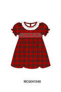 Red Plaid Bow Smocked Ruffe Dress