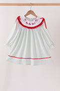 Sage santa applique gingham ruffle stripe dress