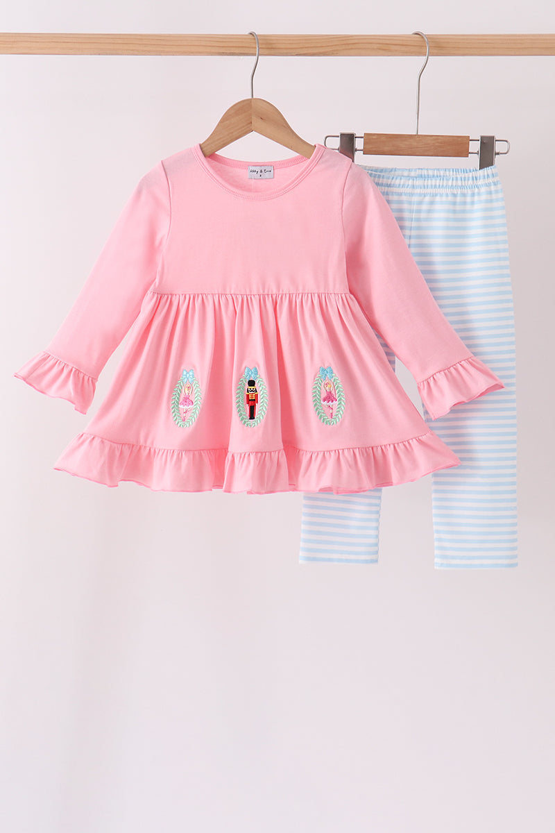 Pink Nutcracker Embroidery Ruffle Pants Set