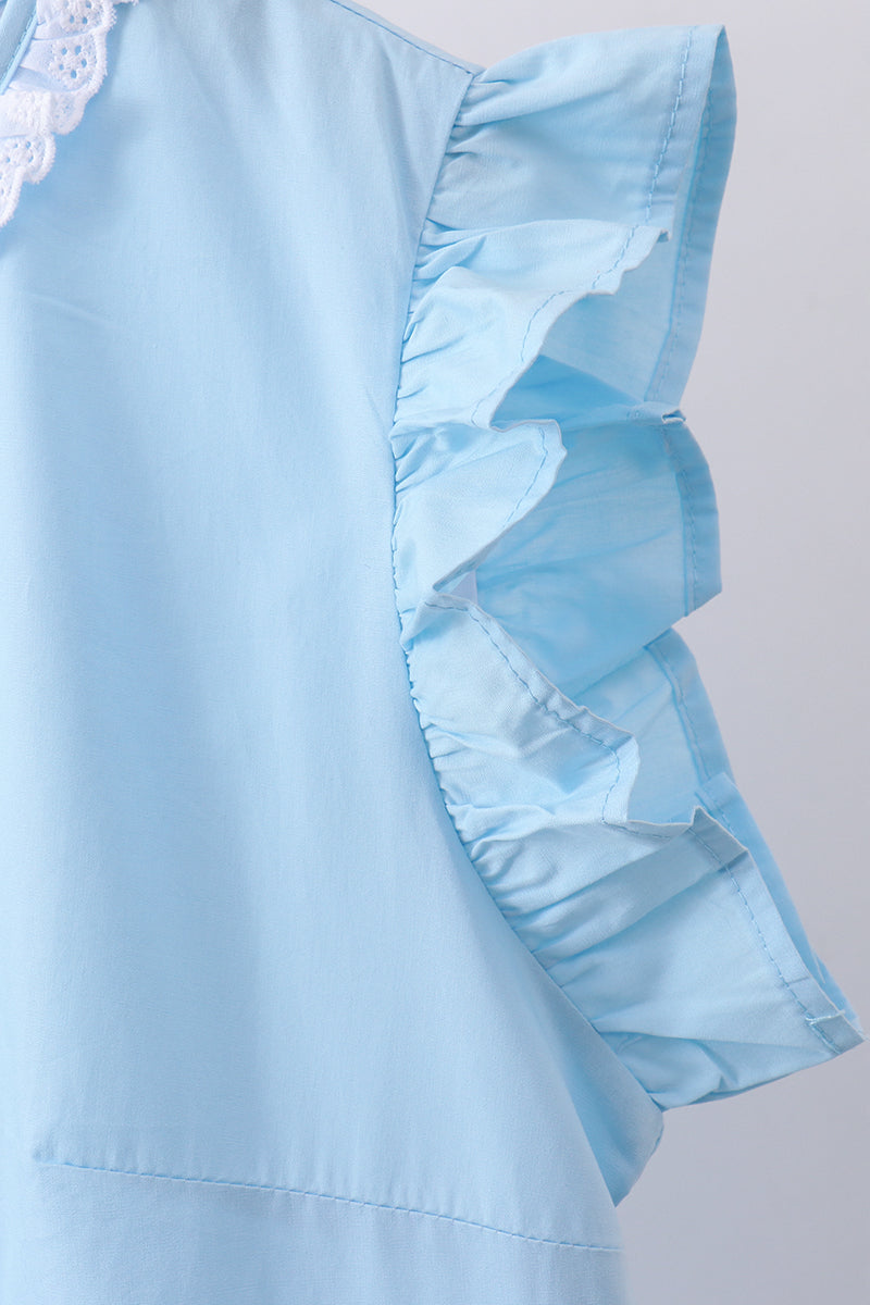 Blue cross embroidery ruffle tiered dress
