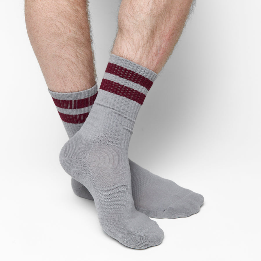 Gray Maroon Retro Stripe Casual Crew Socks
