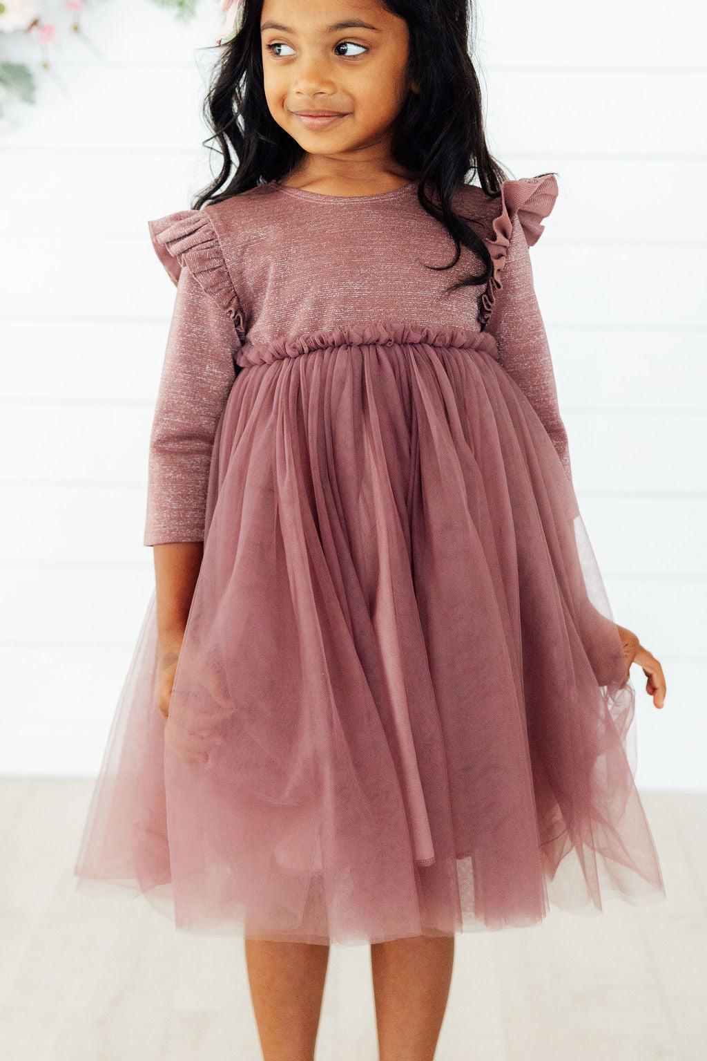 Mauve Shimmer 3/4 Sleeve Tutu Dress