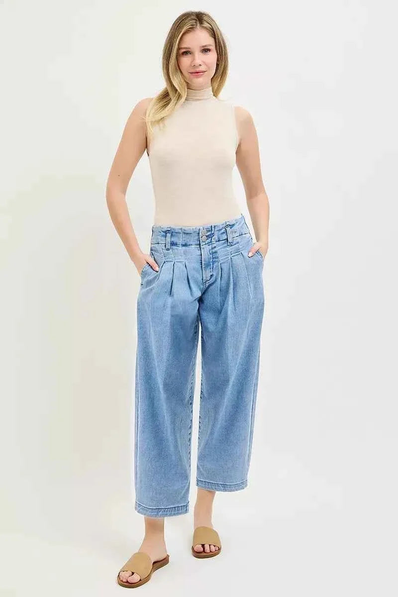 Medium Wash Slouchy Crop Barrel Pleated Jeans by Risen