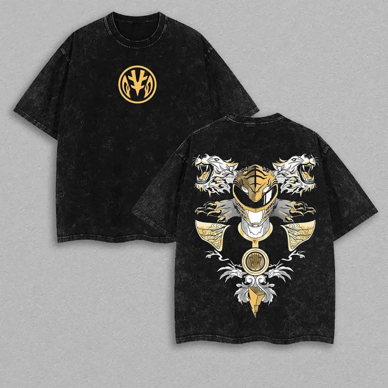 Mighty Morphin Power Rangers T-Shirt – Green, White, & Red Ranger Graphic Tee