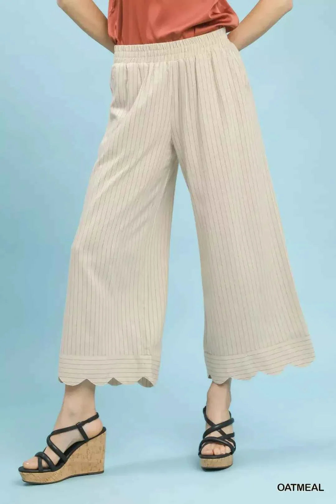 Oatmeal Pinstripe Linen Blend Wide Leg Pants with Pockets by Umgee