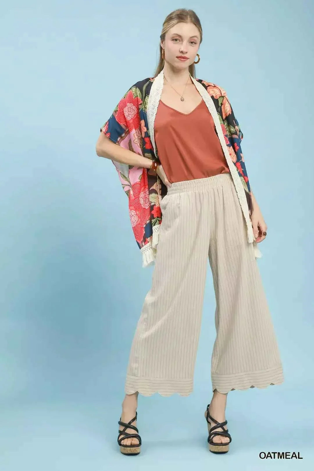 Oatmeal Pinstripe Linen Blend Wide Leg Pants with Pockets by Umgee