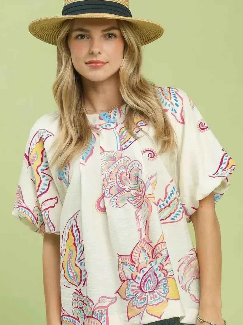 Off White Paisley Print Puff Sleeve Top by Umgee