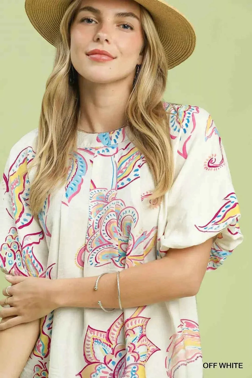Off White Paisley Print Puff Sleeve Top by Umgee