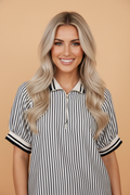 Stripe Half Zip Polo Collar Puff Sleeve Blouse