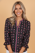 Floral Contrast V-Neck 3/4 Sleeve Blouse