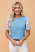Floral Patchwork Bubble Sleeve Textured Blouse