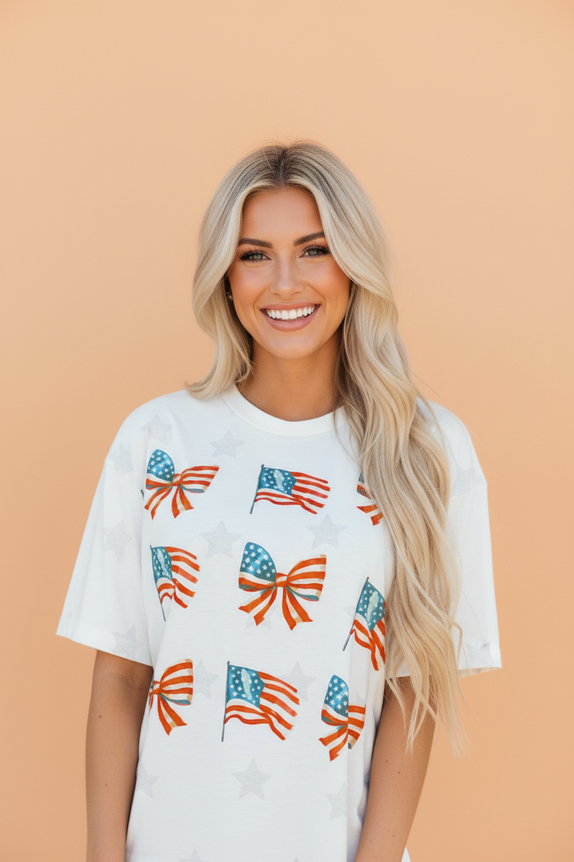 USA Flag & Bow Star Graphic T-Shirt