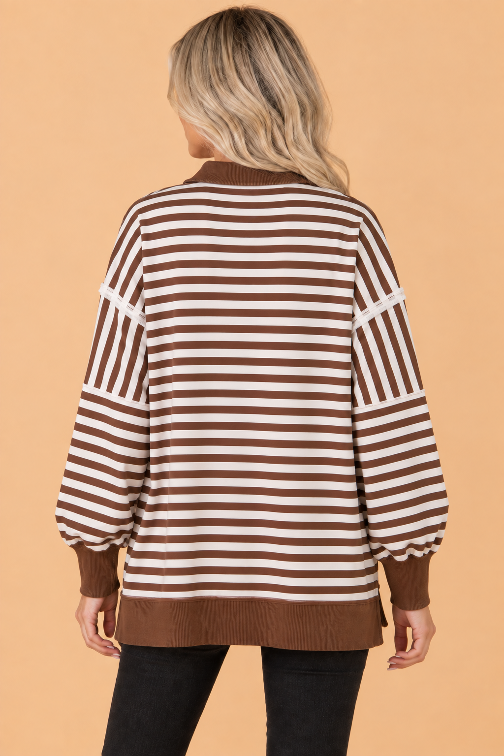 Stripe Colorblock Trim Raw Seam Split Hem Sweatshirt