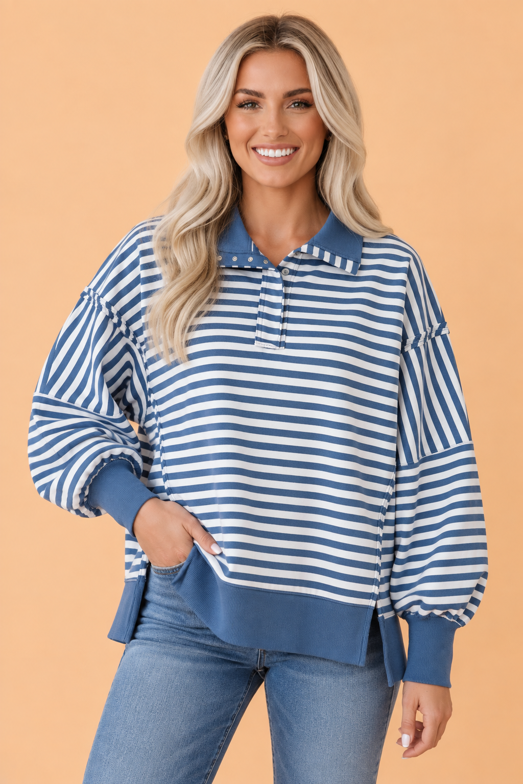Stripe Colorblock Trim Raw Seam Split Hem Sweatshirt