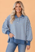 Stripe Colorblock Trim Raw Seam Split Hem Sweatshirt