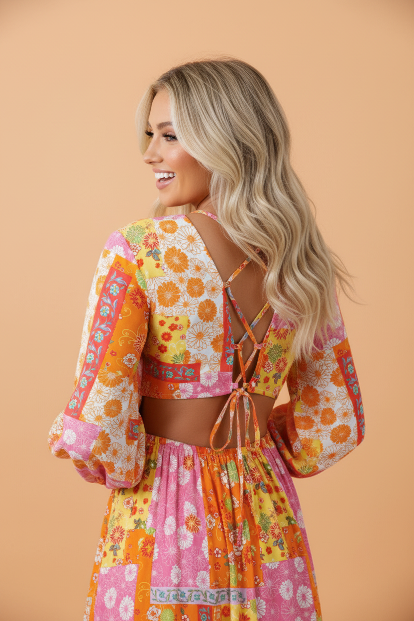 Floral Patchwork Cut-Out Tied Back Maxi Dress