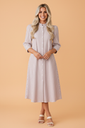 Stripe Frilled Collar 3/4 Sleeve Maxi Dress