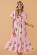 Floral Notched Neck Flutter Sleeve Maxi Dress