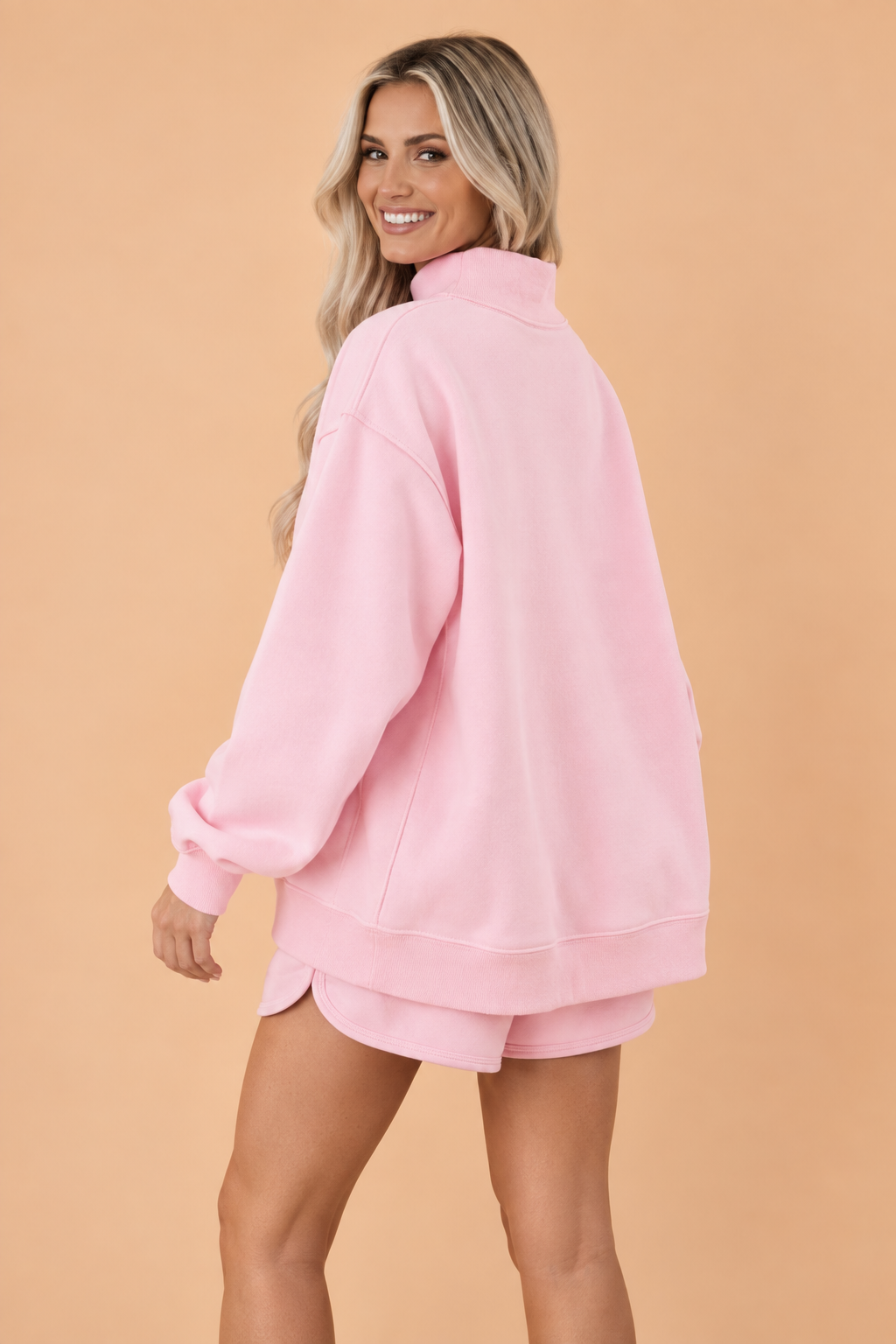 Solid Exposed Seam Mock Neck Sweatshirt & Shorts Set