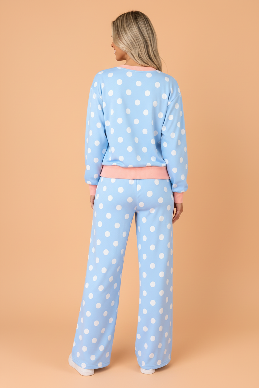 Polka Dot Contrast Trim Top & Drawstring Pants Set