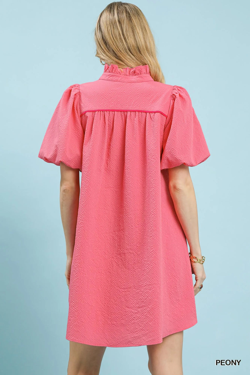 Peony Pink Seersucker Puff Sleeve Dress with Pockets by Umgee