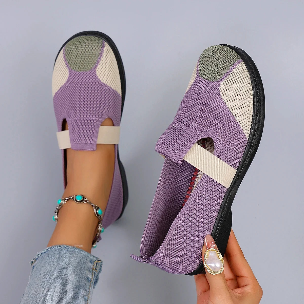 Women's Purple Slip-On Shoes | Low-Heel Cotton Flats | Summer Casual Wear