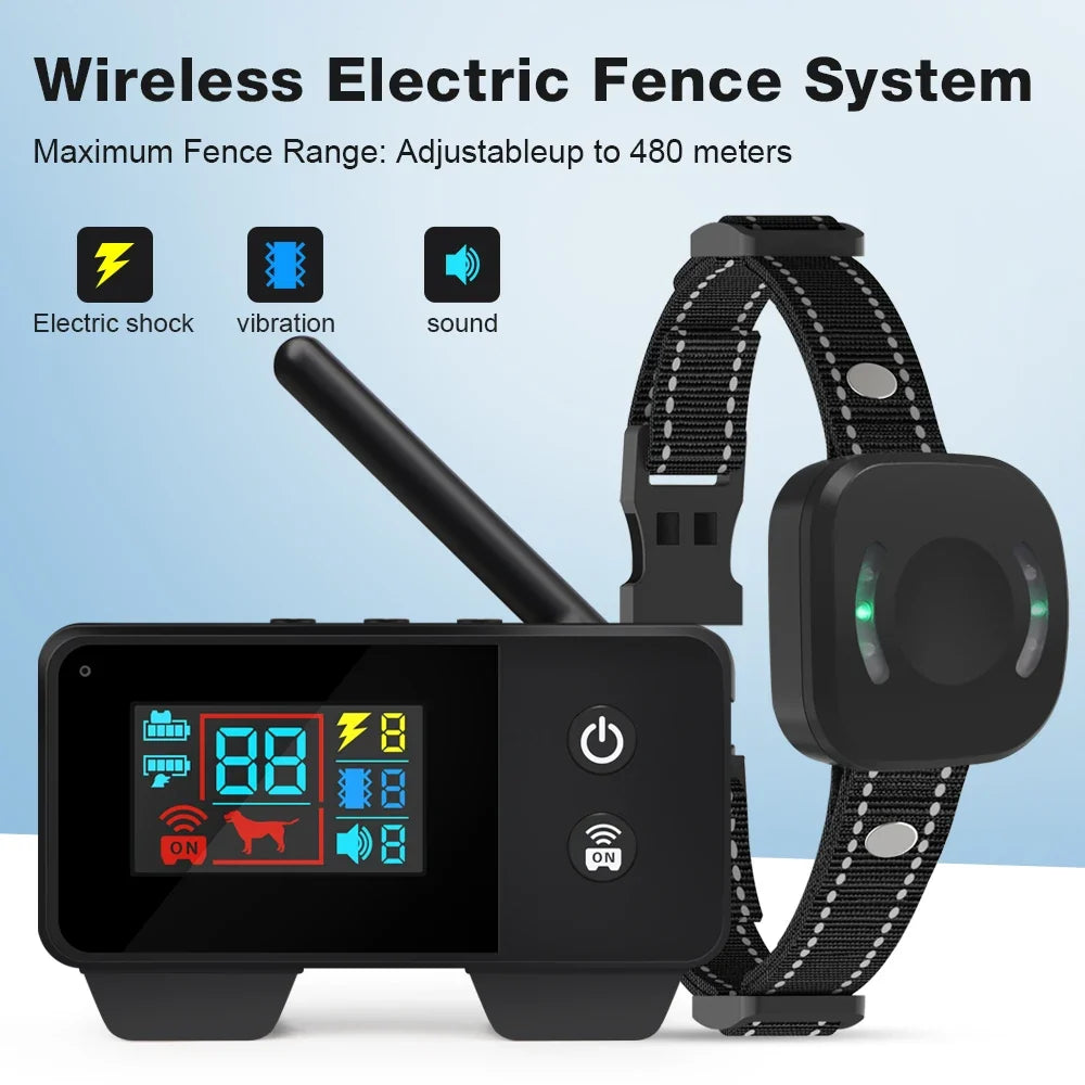 Electronic Pet Fence System 480M GPS Wireless Dog Fence Rechargeable Vibration Shock Sound Remote Control Pet Accessories